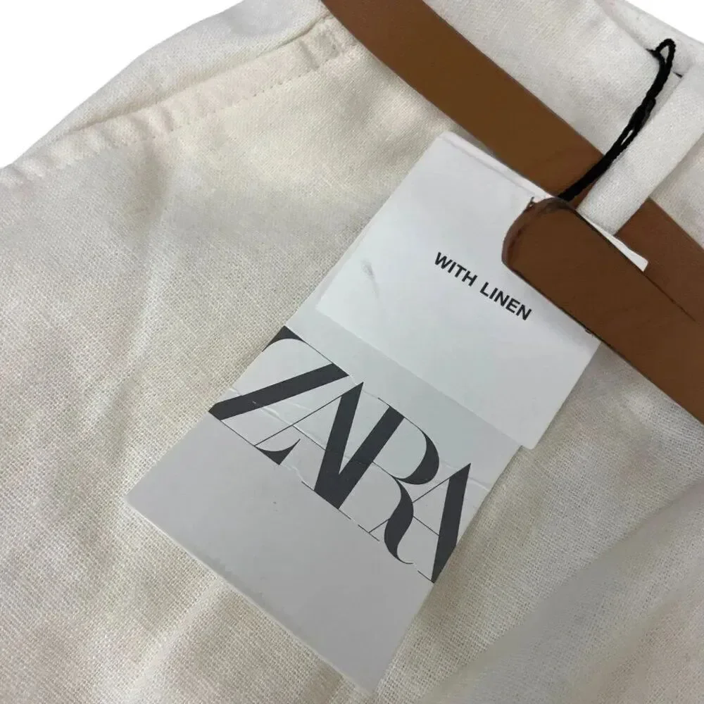 Zara Womens Pants S Small Linen Ivory Straight Leg Belted Trousers 8343/939 NWT